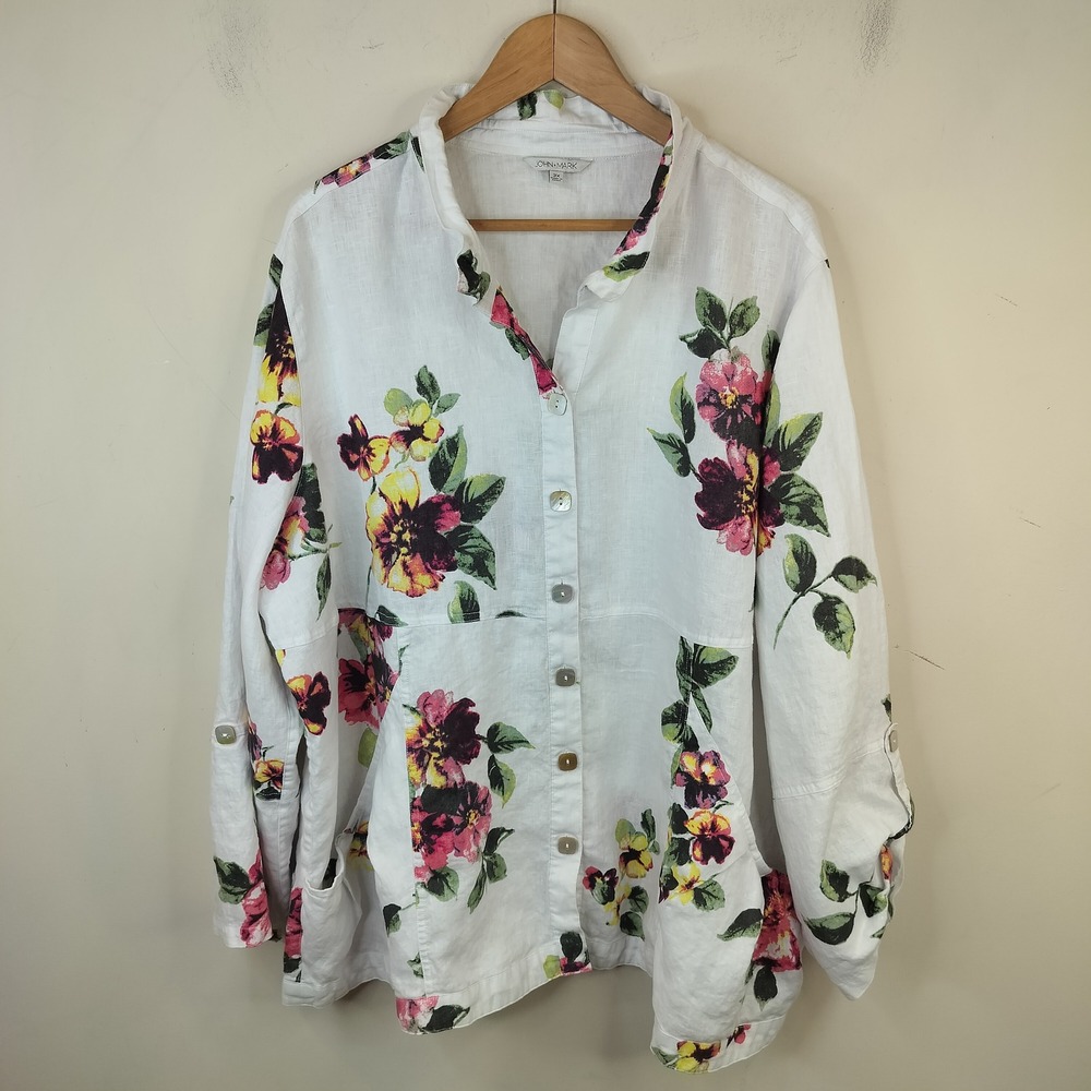 John Mark Floral Linen Button Down Shirt 3X Plus Pockets Tab Sleeve White